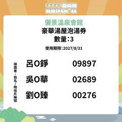 儷景溫泉會館 豪華湯屋泡湯券 得獎者