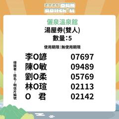 儷泉溫泉館雙人湯屋券得獎者