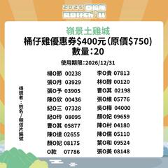 嶺景土雞城 桶仔雞400元優惠券(原價$750) 得獎者