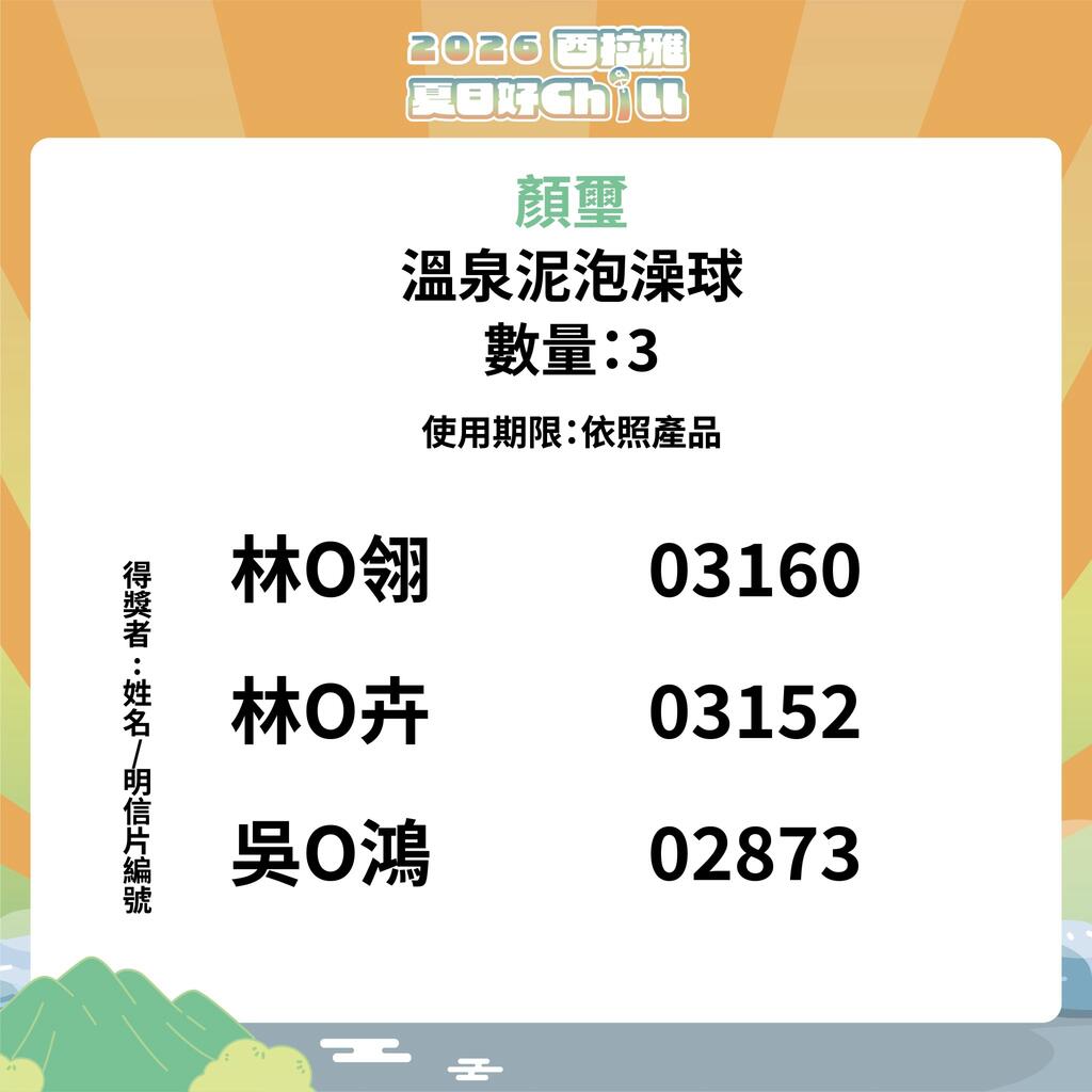 顏璽溫泉泥泡澡球 得獎者