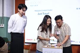 型男主廚楊盛堯(左)與馬來西亞KOL Just Travel(中右)，於記者會中分享南臺灣風土料理