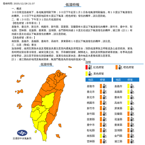 中央氣象局低溫特報(發佈時間：2020/12/28 21:37)