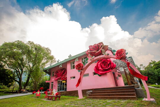 大埔資訊站外牆利用粉紅色與玫瑰打造浪漫的氣氛