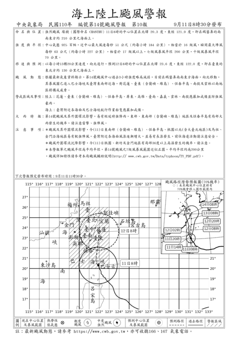 強烈颱風 璨樹（國際命名 CHANTHU ）海上陸上颱風警報 編號第14號颱風警報 第10報 發布時間：09/11 08:30