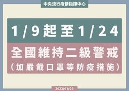 1月9日至24日全國維持第二級疫情警戒標準(加嚴口罩等防疫措施)