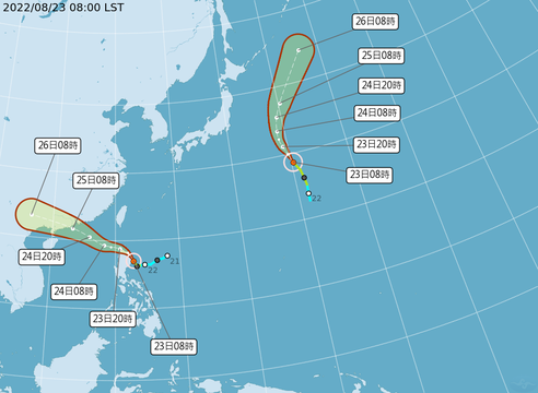 輕度颱風馬鞍及輕度颱風蝎虎 路徑潛勢預報 2022/8/23 08:00