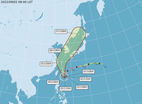 強烈颱風軒嵐諾 路徑潛勢預報2022/9/2 08:00