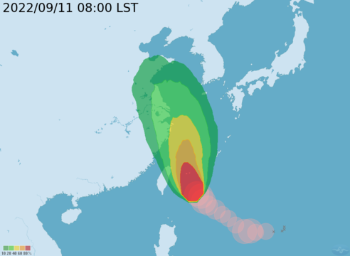 中度颱風梅花暴風圈侵襲機率 發布時間2022/09/11 8:00